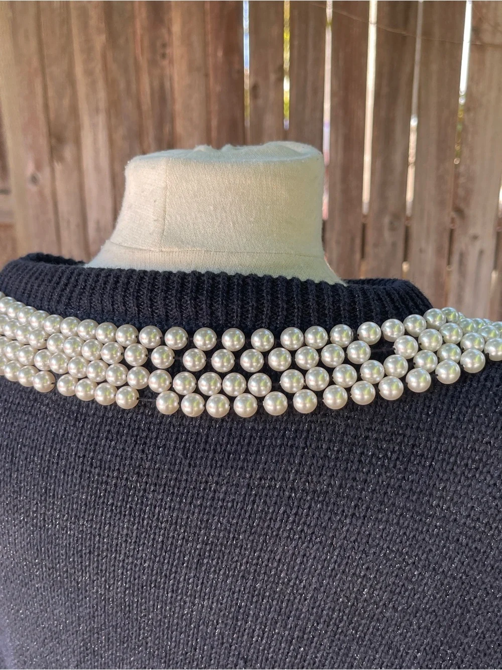 Bonnie Boerer Vintage 1980s Lurex Blue knit sweater trompe-l’œil necklace design
